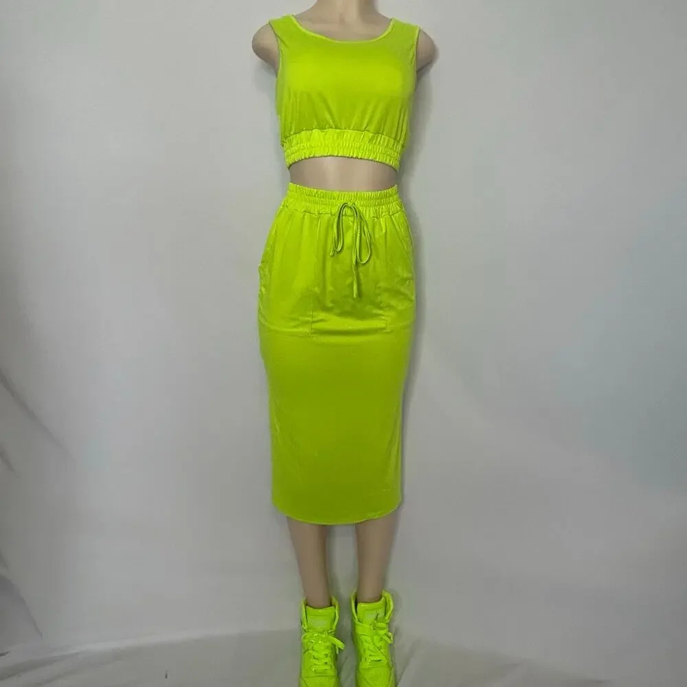 SHEIN Neon Lime Green Two-Piece Crop Top & Midi Skirt Set Women’s Size Small